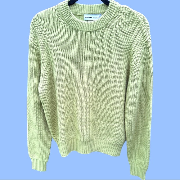 Bershka Sage Green Chunky Ribbed Knit Crewneck Sweater XS - Picture 1 of 6